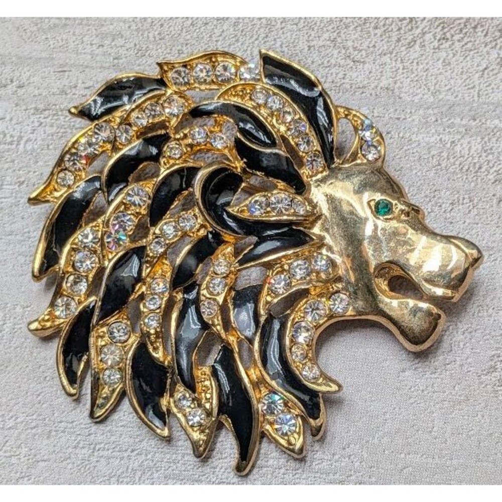 Vintage Lion Head Brooch Black Enamel Rhinestone Gold Tone Green Eye Statement